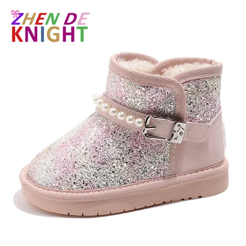 Зимние Ботинки Детские 2024 New Waterproof Winter Cotton Inserts Snow Boots Shiny Upper Soft Sole Girl Sneakers Children Shoes