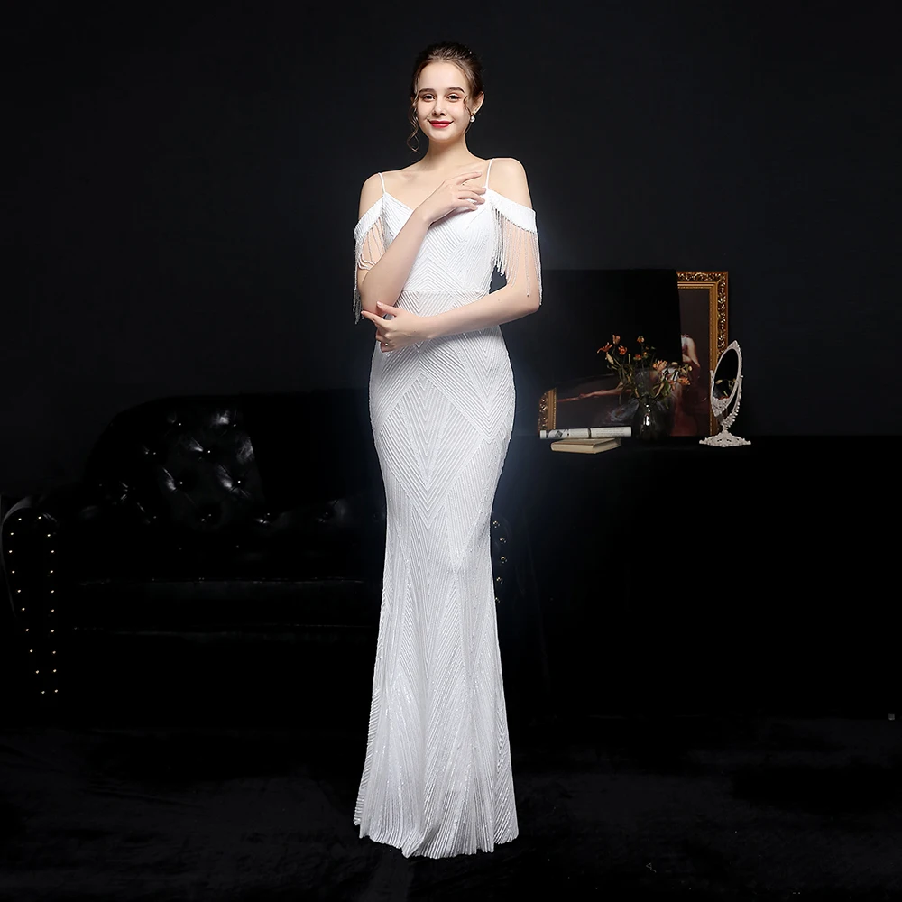 Women Elegant Off Shoulder Luxury Evening Dress Sexy  Sequin Mermaid Dress Spaghetti Straps Silver Beading Long Party Dress New