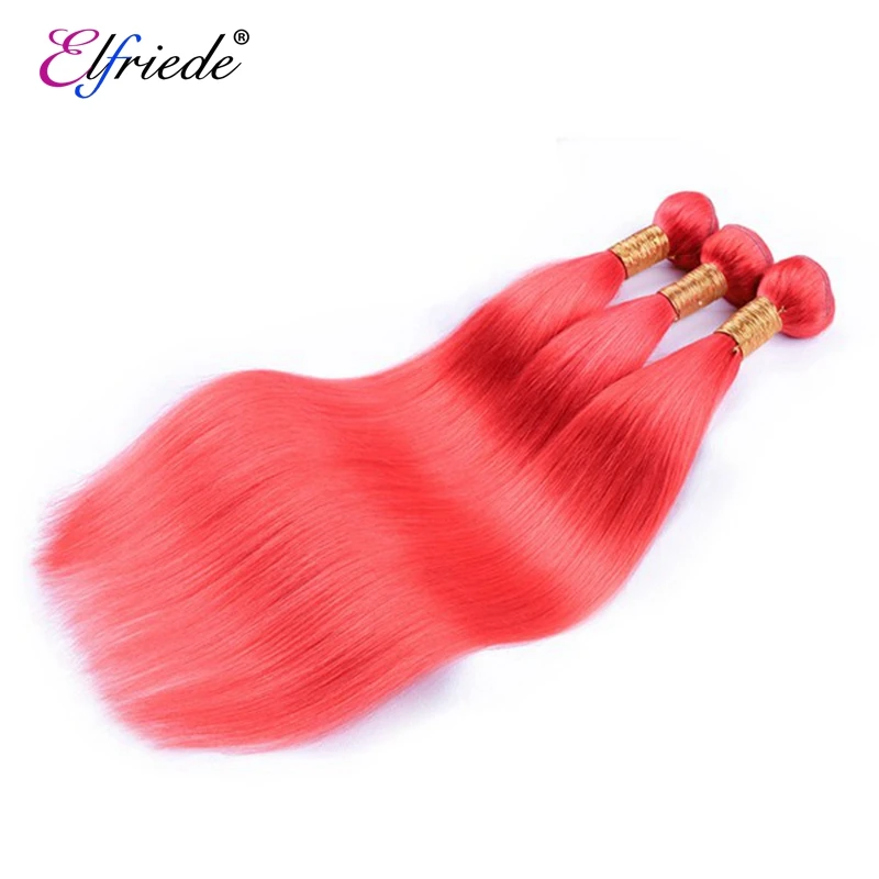 Elfriede #Red Straight Hair Bundles with Closure Colored Human Hair Sew In Wefts 3 Bundles with 4X4 Transparent Lace Closure