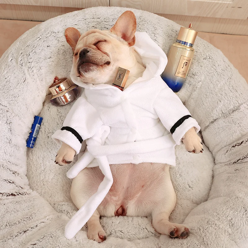 1PC Pet Apparel Dog Cat Spring Autumn White Bathrobe Water Absorbent Sleeping Robe with Belt For Small Medium Dogs