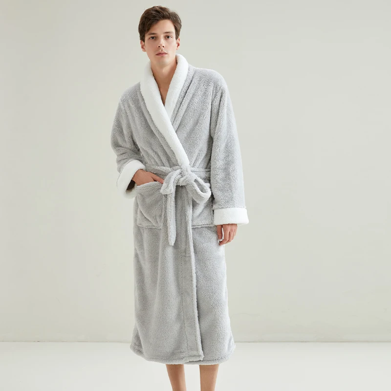 メンズロング厚手フランネルスリープローブ秋冬カップル用大きいサイズコーラルフリースパジャマ暖かいソフトポリエステルホーム服