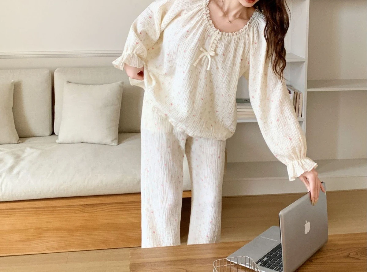 Pure Cotton Pajamas for Women, Long-sleeved Trousers, Sweet Girly Floral Double-layer Cotton Gauze Home Wear Set