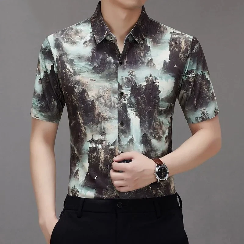 Men's Ice Silk Landscape Print Shirt Short Sleeve Wrinkle Resistant Casual Tops