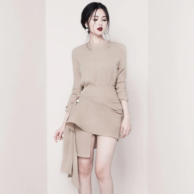 

Faionable Brand Lady Light Maturi Sle Set ort Skirt Batwing Sve Top Irregular f Skirt Two Piece Set Women