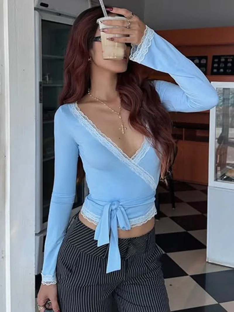 

Women's V-neck Long Sleeve Lace Patchwork T Shirt Y2K Streetwear Casual Sexy Bandage Tunics Cropped Tops Female Slim Tee Shirts