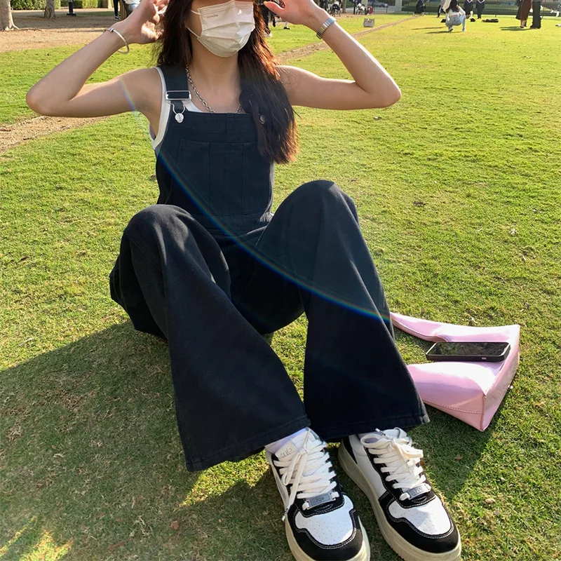 Salopette di jeans retrò Bla da donna allentata coreana Sle Agel a vita alta sottile gamba dritta tuta casual jeans in misto cotone