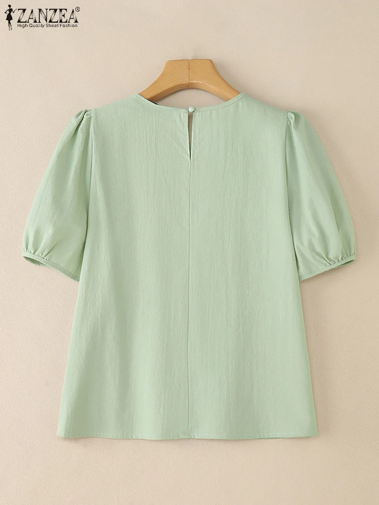 ZANZEA ผู้หญิงฤดูร้อนผ้าฝ้ายลินินเสื้อจีบ-Bib O-คอสั้นพัฟแขน Blusas Mujer ทุกวันแฟชั่นสีทึบ Chemise