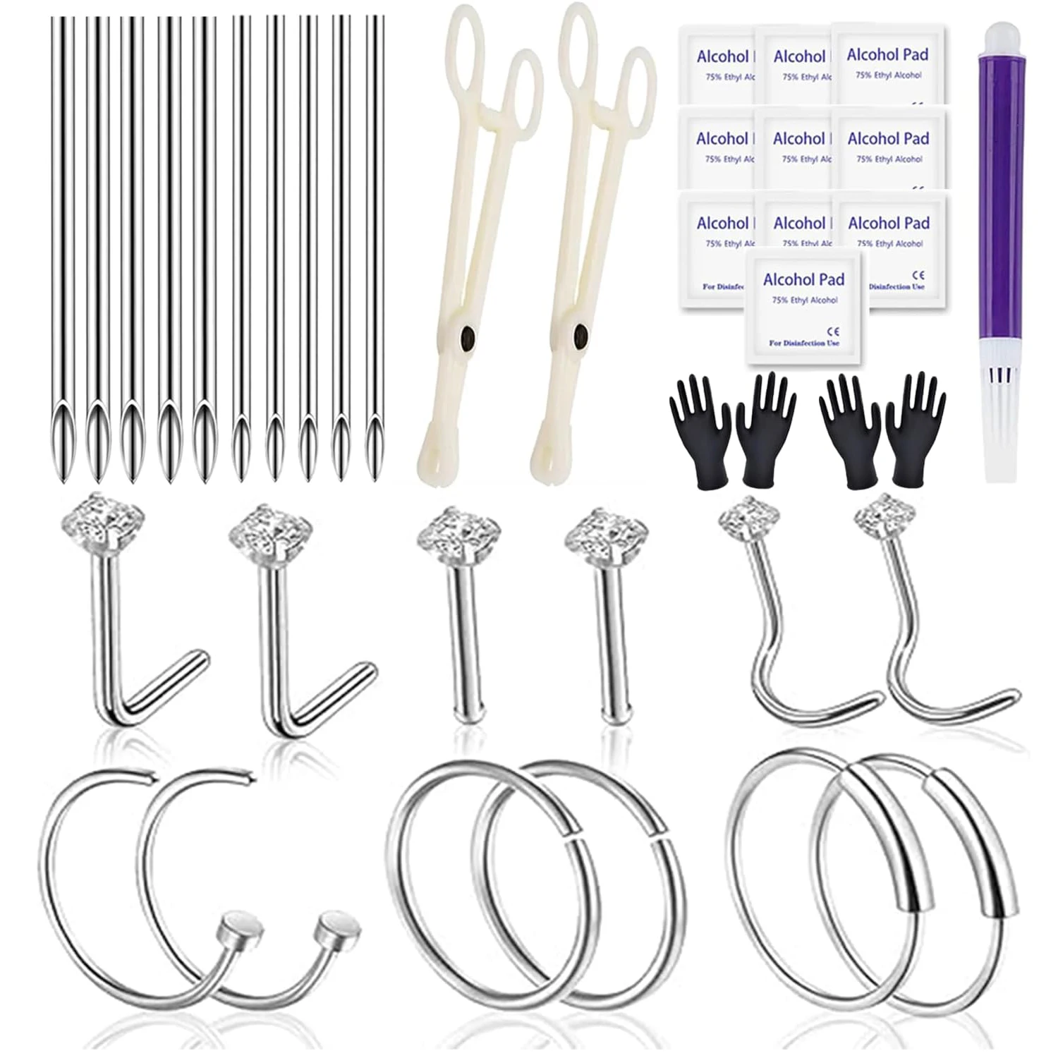 Nose Septum Rings Nails and Piercing Needles Disposable Piercing Clamps Gloves Clean Pads Home DIY Self Body Piercing Tools Kit