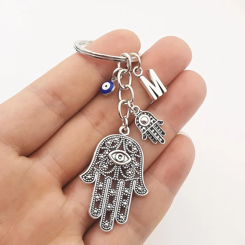 1PCS New Fashion A-Z Letter Fatima Keychain Alloy Keychain Enamel Evil Eye Keychain ,keychain for girls , keychain charms