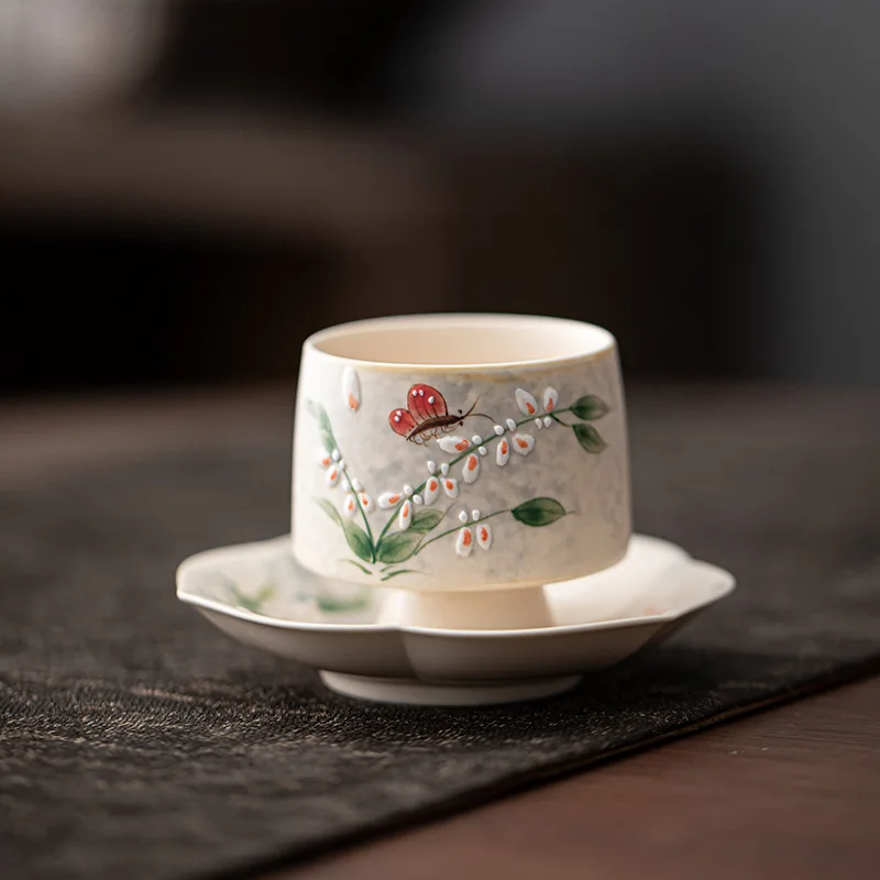 Hand-painted Wenxinlan Ceramic Tea Cup - Owner's Cup for Ladies. Exquisite Tall Glass for Chinese Country-style Tea Drinking.