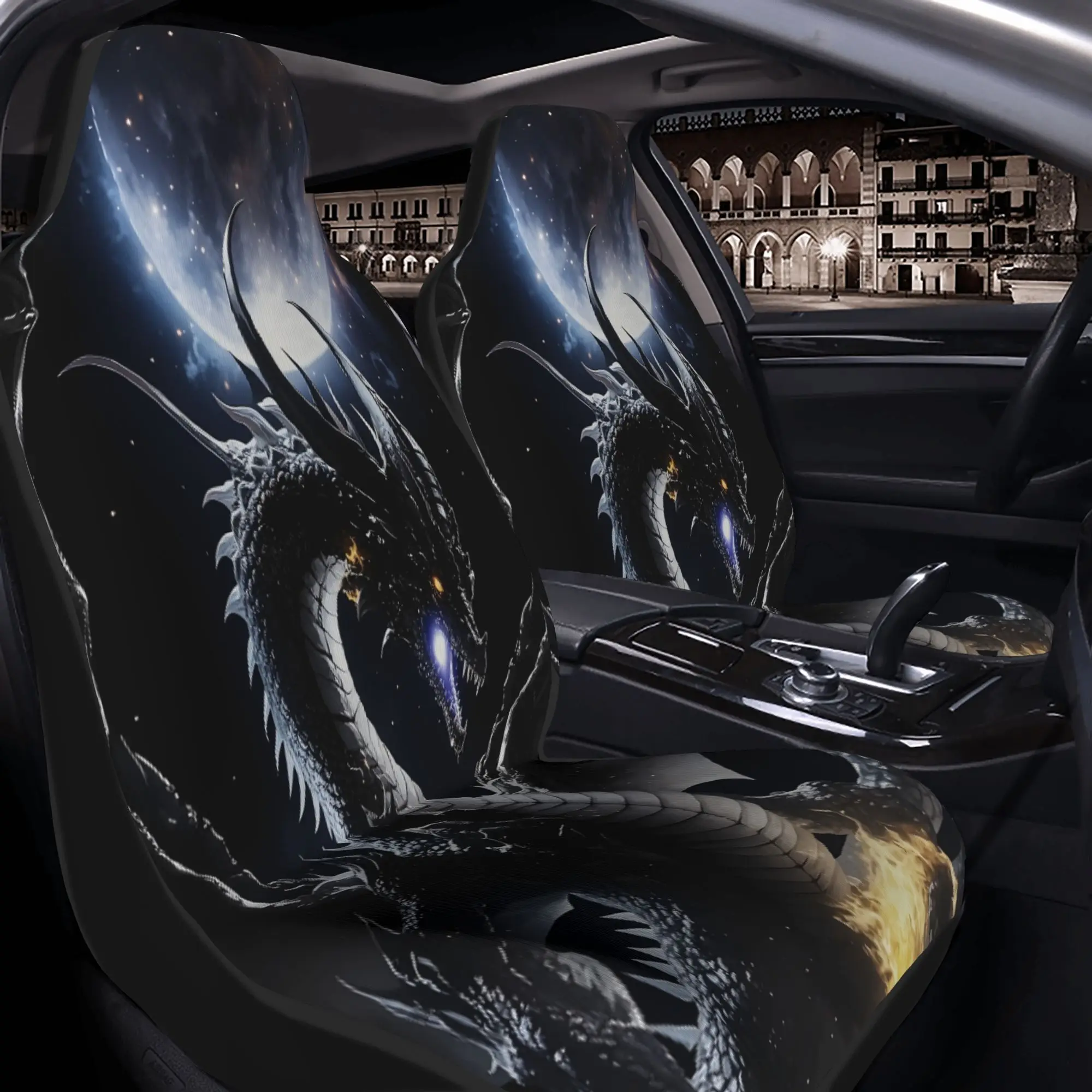 Set Of 2 Mystical Black Dragon Car Seat Covers Featuring A Roaring Dragon Under A Full Moon With Fiery Claws In The Night Sky. T