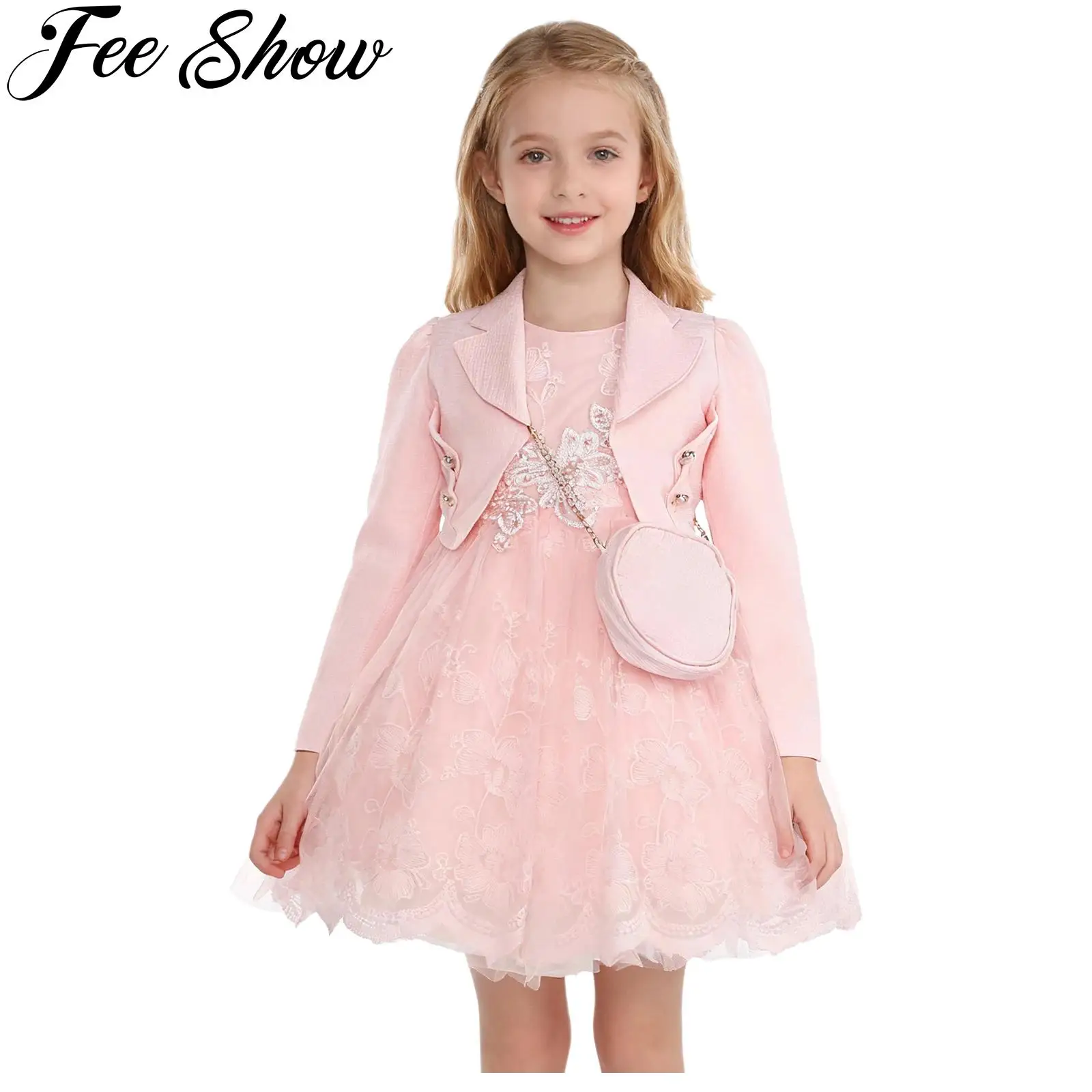 

Платье принцессы с цветочным узором для девочек, тюлевое платье без рукавов с цветочной вышивкой, кардиган с сумкой, детский наряд для свадьбы, дня рождения