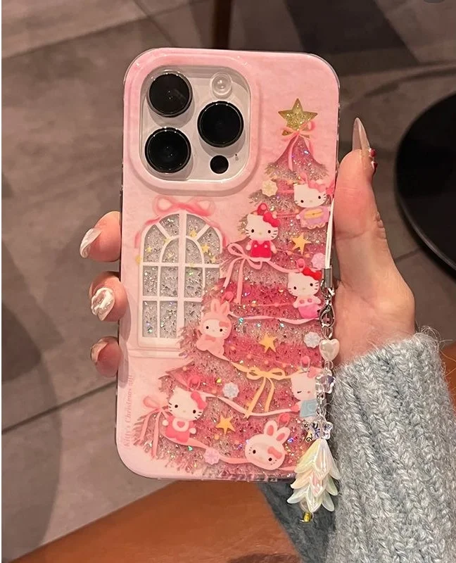 

Cute Christmas Wish Tree Hello Kitty Bling Glitter Phone Case For iPhone 11 12 13 14 15 16 Pro Max XS XR Lovely Cartoon KT Cover