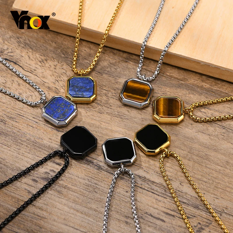 Vnox Stylish Men Square Natural Stone Necklace, Solid Stainless Steel Geometric Polygon Pendant,Casual Punk Boy Gift Jewelry