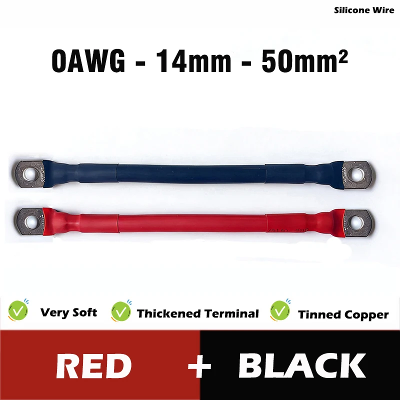 0AWG 50mm2 Zachte Siliconen Batterij Kabel Draad met Vertind Koper Terminal Hoge Prestaties voor Auto Omvormer Solar 20-200CM