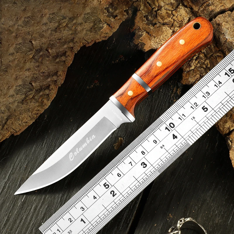 Outdoor Camping Portable Wooden Handle Small Knife, BBQ Cleaver, Household Sharp Fruit Knife, Fishing Knives With Sheath