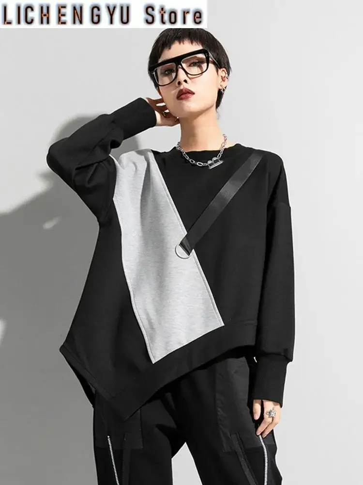 

Women Gray Asymmetric Color-block Big Size Casual T-shirt New Round Neck Long Sleeve Fashion Spring Autumn