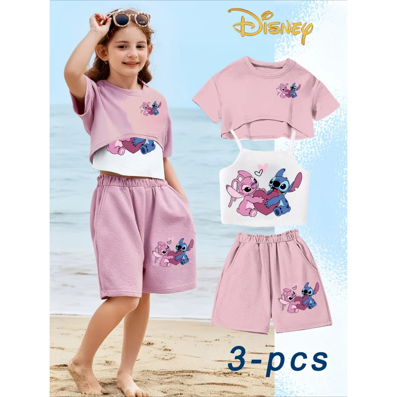 3 Potong Set Musim Panas Anak Perempuan Kartun Disney Stitch dengan Tank Top dan Celana Pendek Bertali - Penting untuk Aktivitas Luar Ruangan