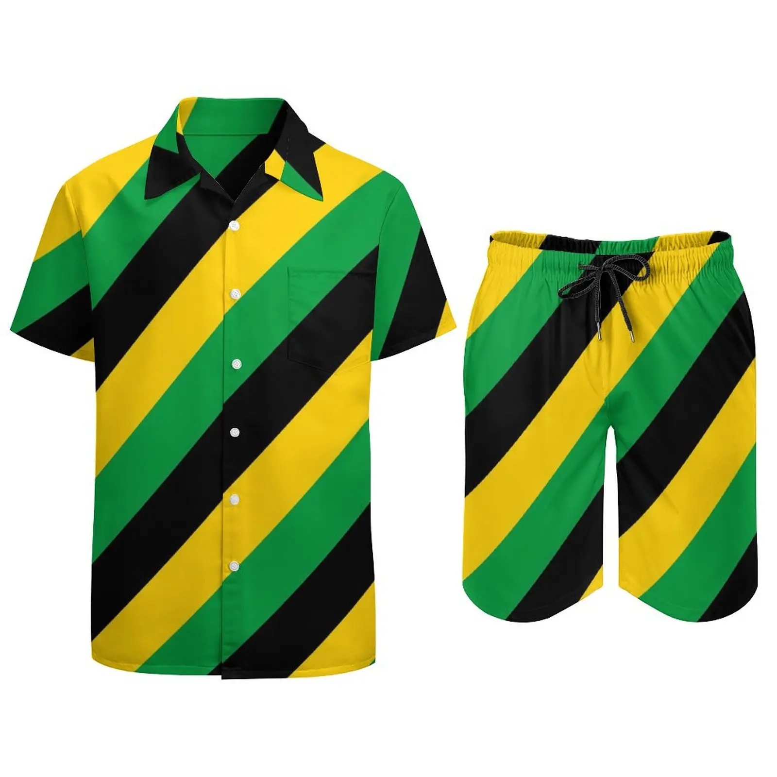 Jamaica Flag Colors Men Sets Diagonal Striped Casual Shorts Fitness Outdoor Shirt Set Summer Hawaii Suit Plus Size Clothing