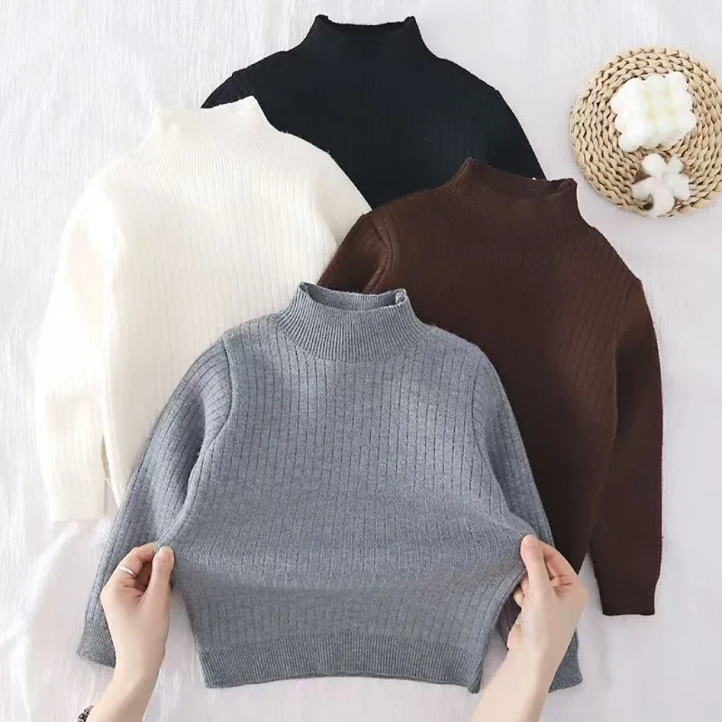

2025 Autumn/Winter Unisex Kids' Turtleneck Sweater, Korean Style Thickened Fleece-Lined, Warm & Versatile Solid Color Base Layer