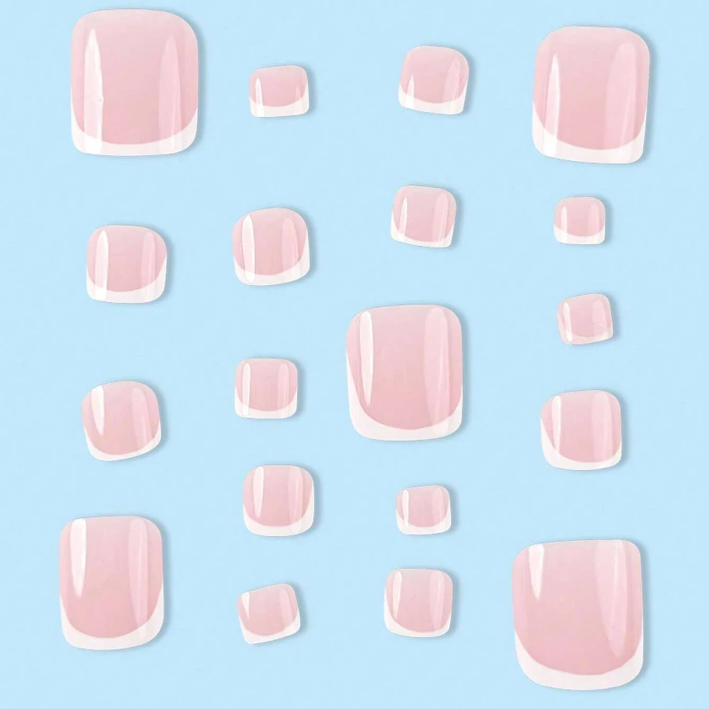 24pcs Short Square Coffin Toenail Summer Cute Collection Pink French White Border Full Covered Fake Nail Set Suitable For Dates image 2