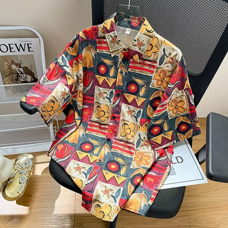 Botão de impressão irregular solto feminino camisa lapela poliéster, tops chiques de manga curta, moda retrô elegante, camisa casual do verão, novo, 2024