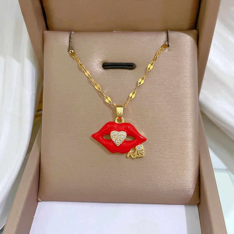Stainless Steel Flame Red Lips Kiss Heart Pendant with Diamonds Necklace for Women Luxury Charming Jewelry Clavicle Chain Gifts