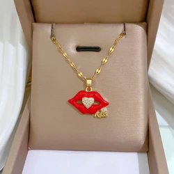 Stainless Steel Flame Red Lips Kiss Heart Pendant with Diamonds Necklace for Women Luxury Charming Jewelry Clavicle Chain Gifts