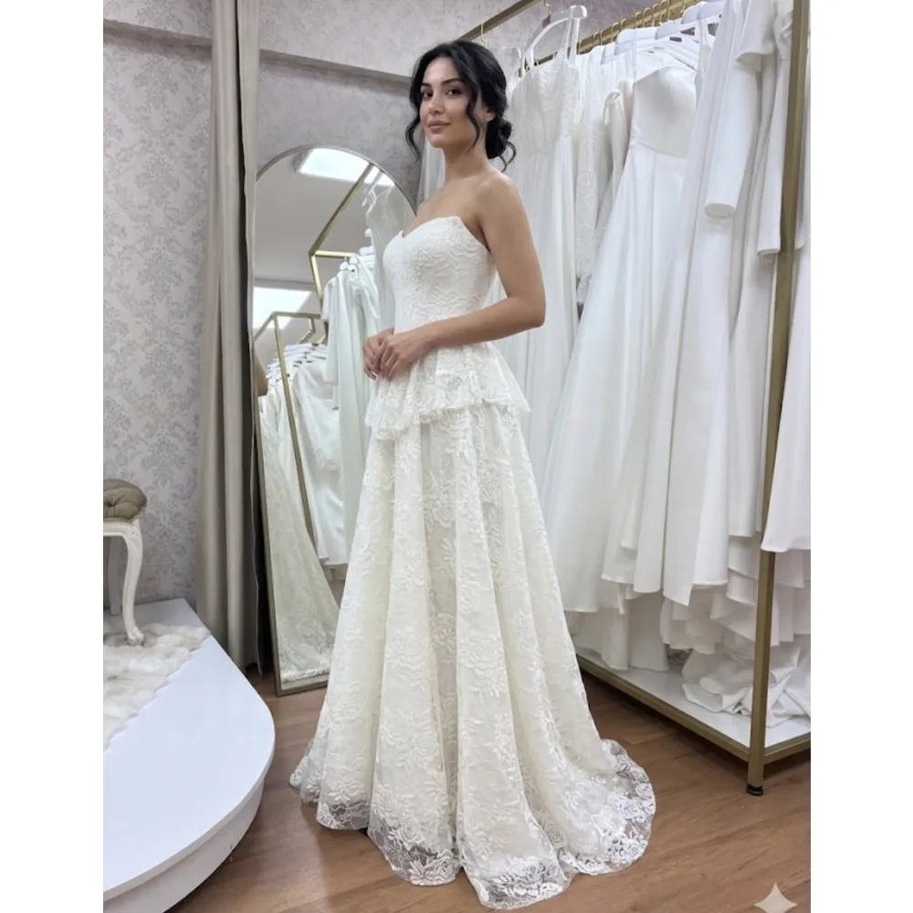 Customized Ivory White Strapless Lace Applique Ruffle A-Line Maxi Evening Dress for Women 2026 Elegant Formal Wedding Guest Gown