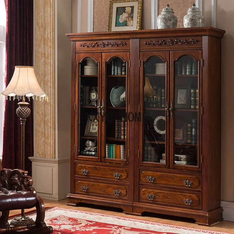 Solid Wood American Bookshelf Furniture Locker Assemblage Zone Door Glass Bookcase Combination File Cabinet