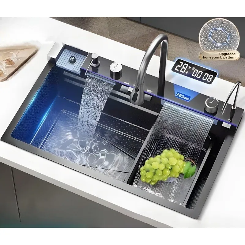 Large Scale Single Slot Honeycomb Kitchen Sink Digital Embossing Nano Rain Dance Waterfall Kitchen Sink