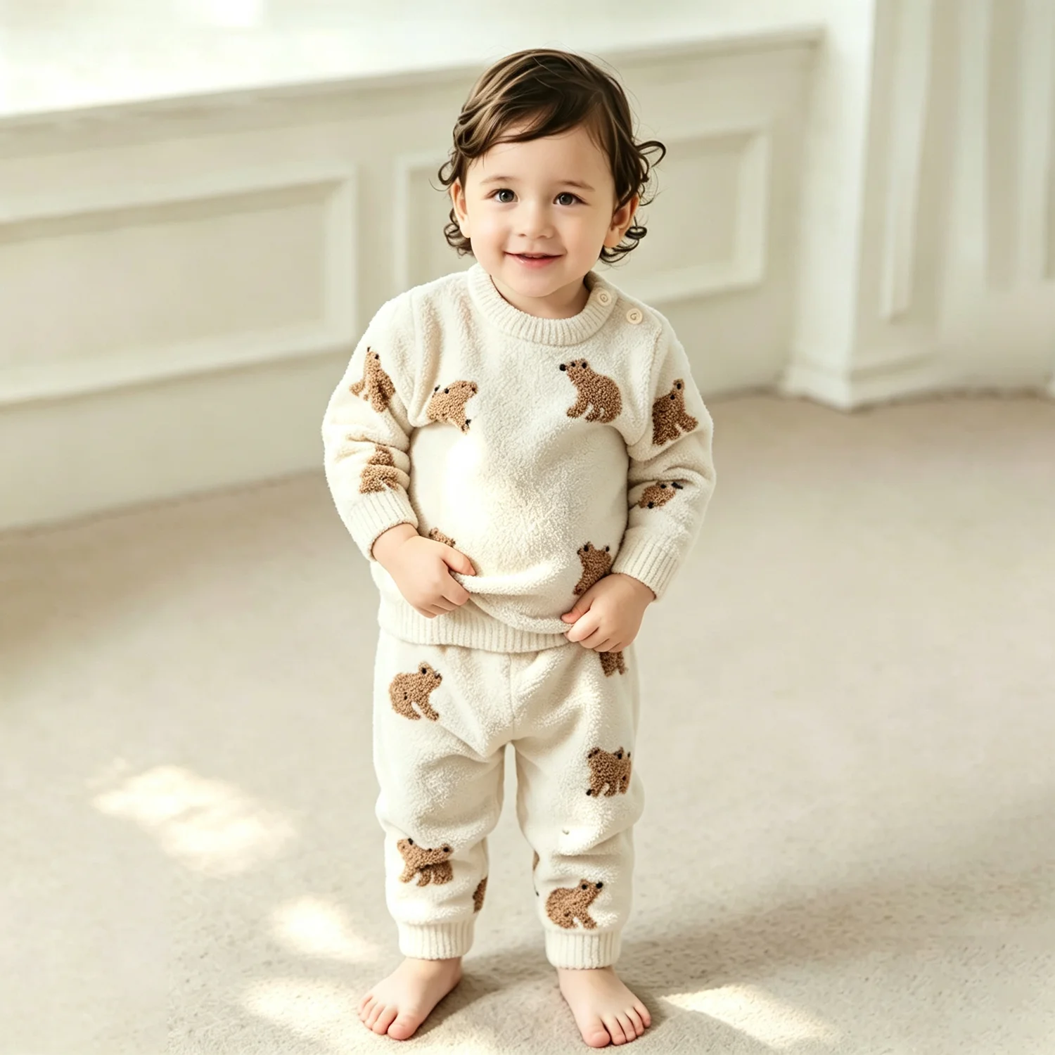 Infant Baby 2PCS Set Cartoon Bear Print Soft Warm Sweater Pants Toddler Boys Girls Autumn Winter Home Sleepwear Outfit
