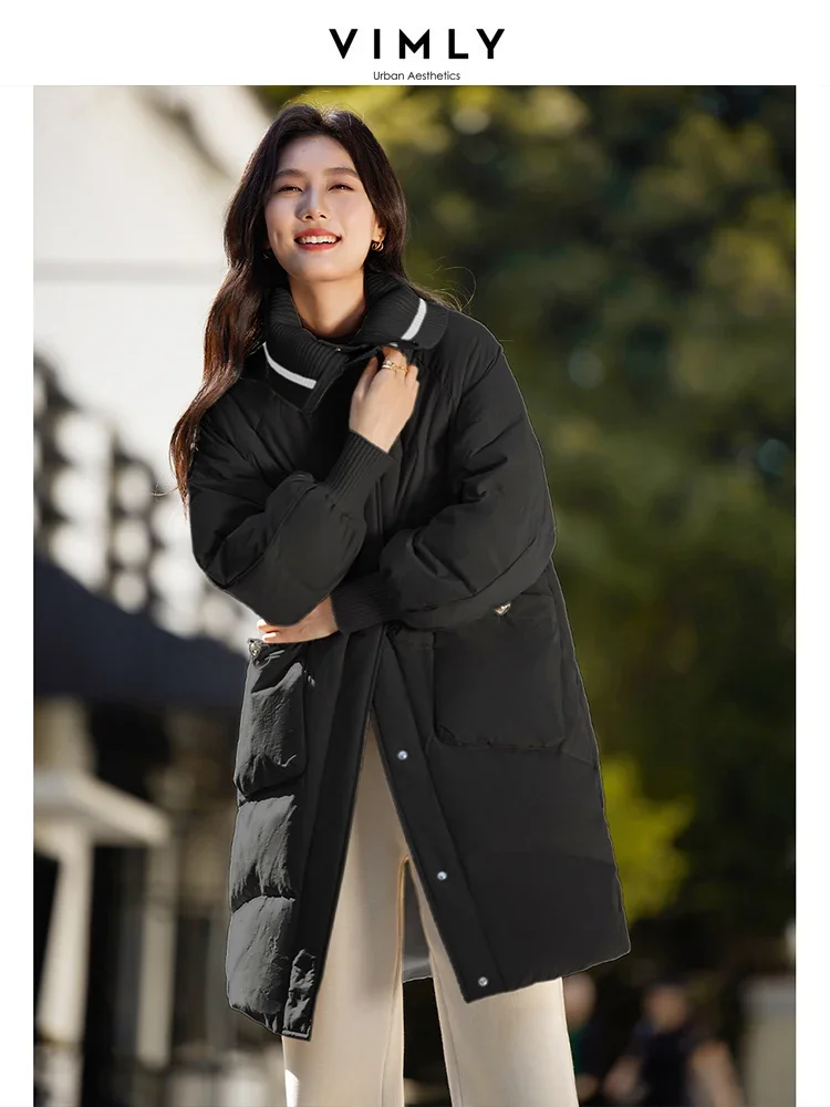 VIMLY Loose Contrast Fake 2 Piece Duck Down Coat Winter Lapel Casual Thick Warm Coat Women\'s Simple Office Lady Outerwear 50626