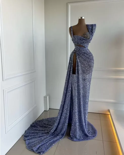 2024 New Dusty Blue Designer Prom Dresses Sleeveless High Split Sheath Straps Sequins Formal Occasion Dresses فساتين طويلة