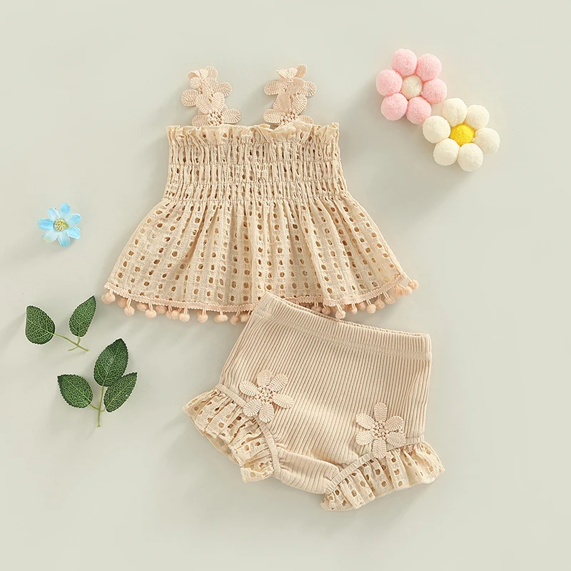 Baby Girls Summer Clothing Sets Flower Strap Sleeveless Hollow Out Tassel Ruffles Tops+Ribbed Knitted Shorts Casual Outfits