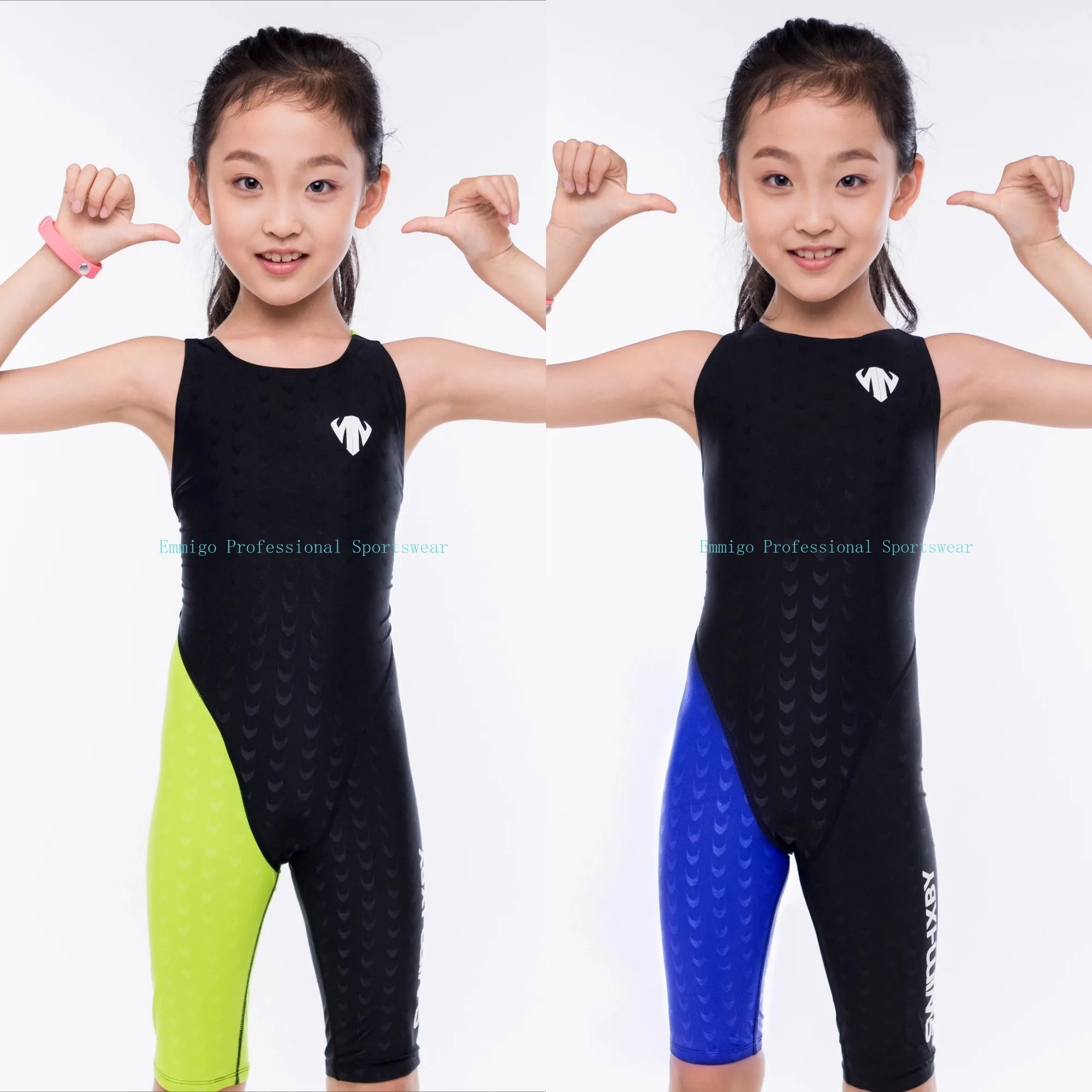 

Girls' Competition Swimwear Shark Skin Knee-Length One-Piece Professional Training Swimsuit for Kids