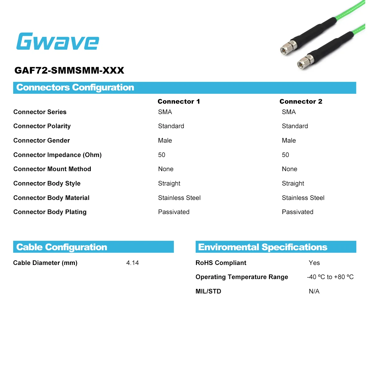 Gwave SMA Male RG-402SS Flexible Coax Cable 50 Ohm RoHS Compliant DC-26.5GHz Solid Copper Conductor Operating Temp -40 +80