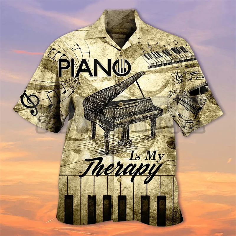 3d Print Instrument Piano Guitar Trendy Fashion Hawaiian Shirt Beach Party Blouse Short Sleeve Lapel Men Clothing Oversized Tops