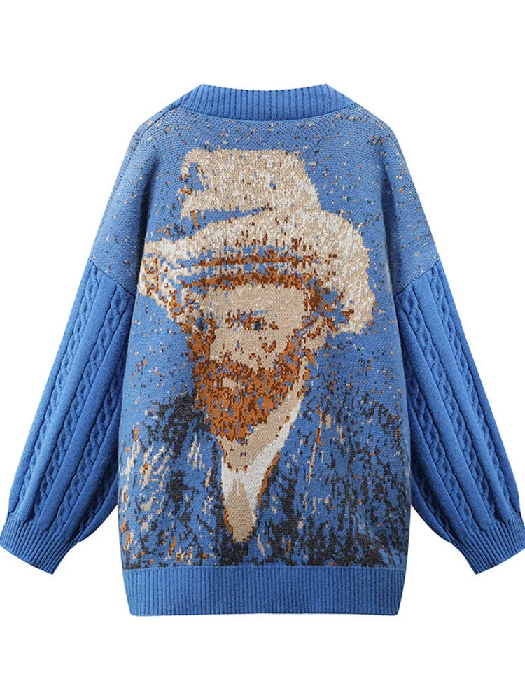 Unisex sweter kardigan Harajuku Van Gogh słonecznik dzianinowy kardigan na guziki kobiety mężczyźni jesień Casual luźny dzianinowy Top zielony