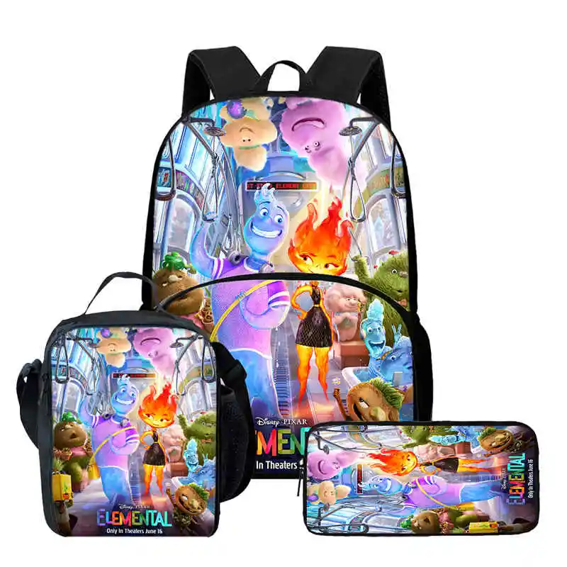 

3Pcs Set Disney Elemental School Backpack with Front Pouch ,Lunch Bags ,Pencil Bags ,Large Cartoon School Bags for Boy Girl ,