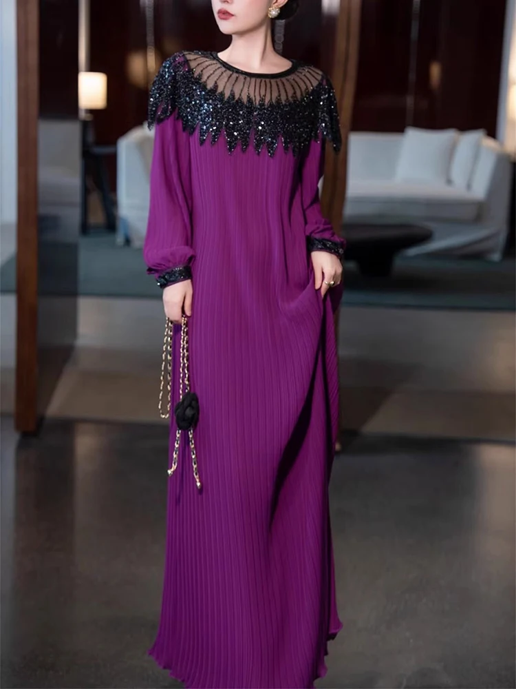 CHICEVER Spliced Sequins Elegant Dress For Women O Neck Lantern Sleeves Patchwork Metal Chain Pleated Loose Long Dresses Female