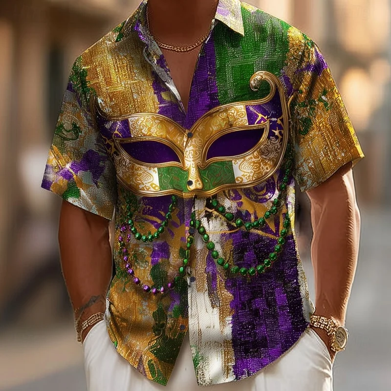 

Carnival Mask Pattern Hawaiian Shirt For Men Colorful Splicing 3D Printed Short Sleeves Summer Street Blouse Loose Aloha Shirts