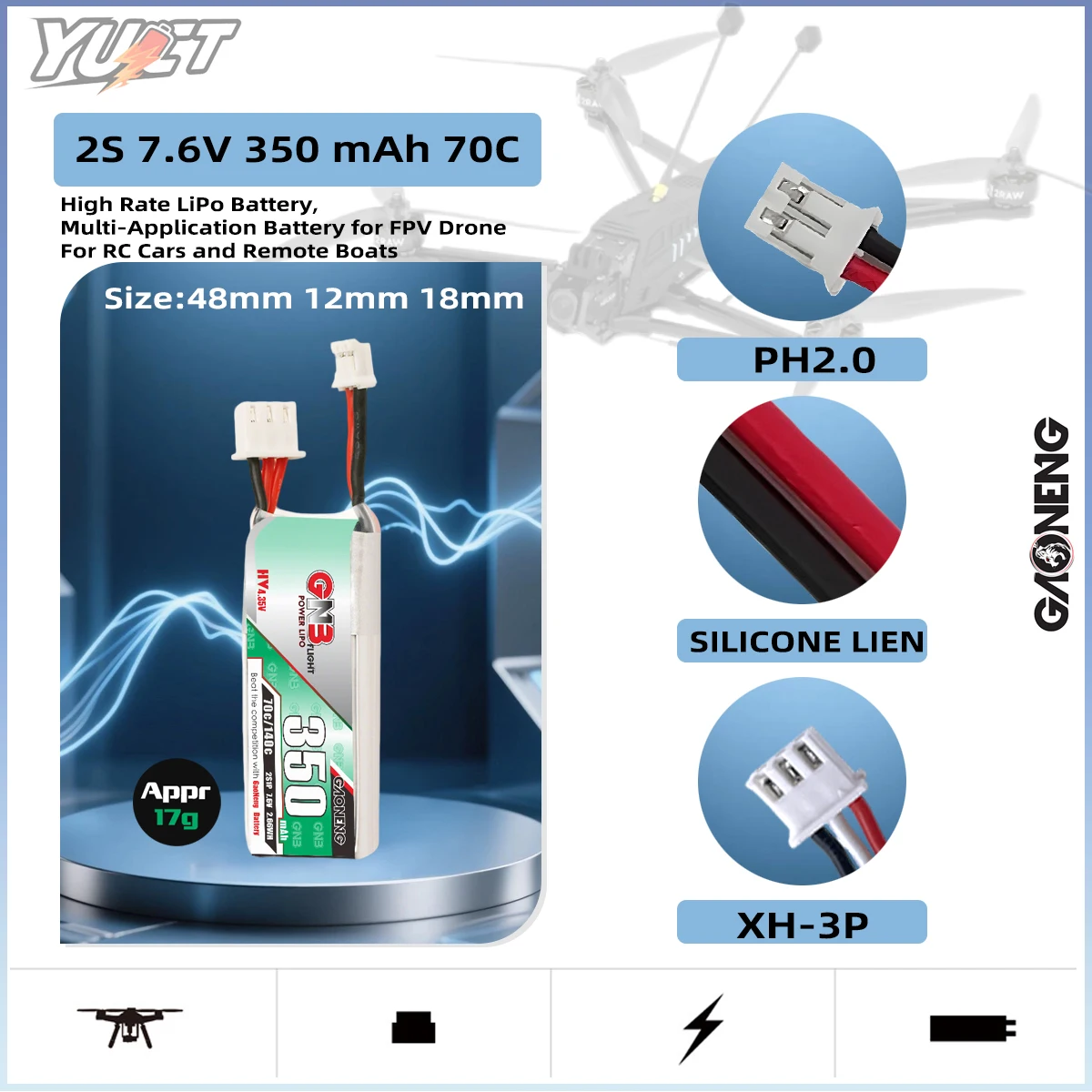 

YUCT GAONENG GNB 2S LiPo Battery LiHV 7.6V 350mAh PH2.0 70C/Max 140C For FPV Drone Quadcopter 7.4V Lithium Battery forTiny Whoop