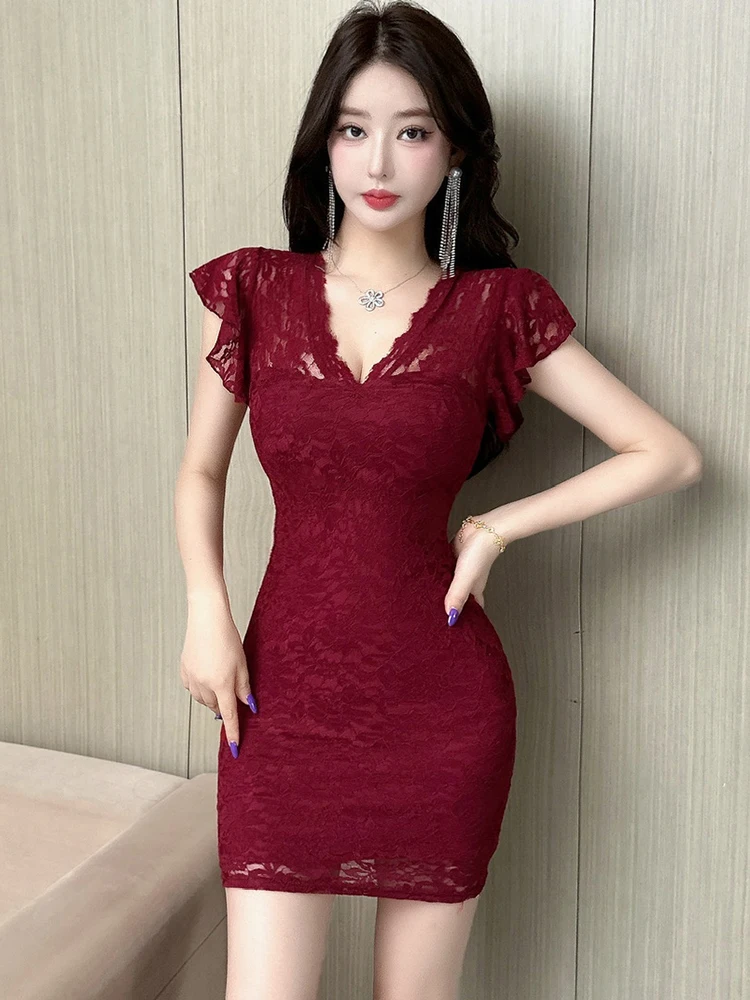 Frauen Rote Spitze Haken Blume Hohl V-ausschnitt Sexy Mini Kleid 2025, Koreanische Luxus, Figurbetontes Kleid Sommer Elegante Chic Festival Vestidos