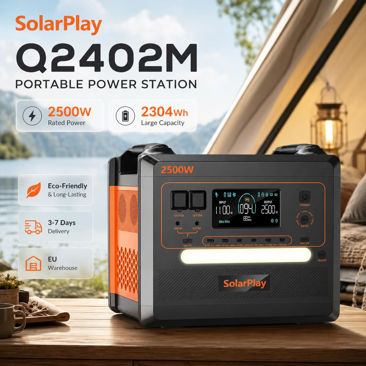 Portable Power Station SolarPlay Q2402M 2500W 2304Wh LiFePO4 Pure Sine Wave 1100W Fast Charge for Home Backup Camping RV Off-Grid