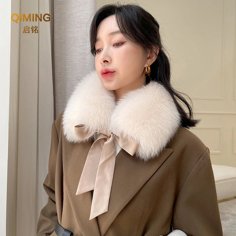 Fox Fur Collar Ladies Winter Ribbon Real Fox Fur Scarf Women Scarf Luxury Designer Scarf Ring Coat Fluffy Warmth Furry Shawl