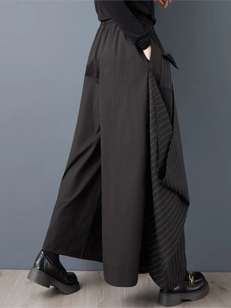 กางเกงขายาวทรงหลวมพิมพ์ลายทางสไตล์แฟชั่นสำหรับผู้หญิง  ผ้าผสม  ใส่สบาย  เอวยางยืด  ขากว้าง  เหมาะสำหรับฤดูใบไม้ผลิและฤดูใบไม้ร่วง