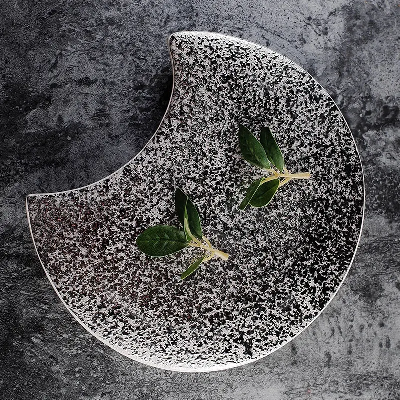 Restaurant Japanese Retro Ceramic Western Tableware Half Moon Plate Silver Curved High Foot Flat