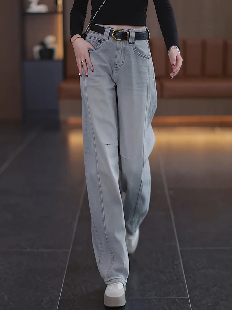 

Light Blue Curved Knife Denim Pants Women's Spring Autumn High Waist Slim Wide Leg Banana Pants Korean Style Casual Cotton Blend