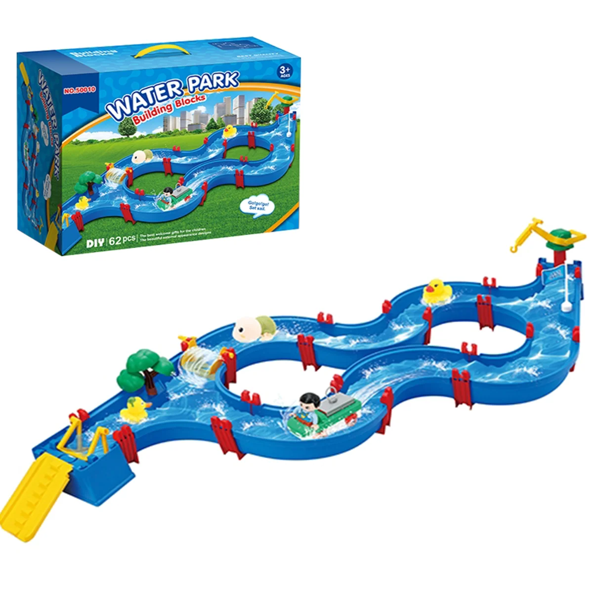 Conjunto de brinquedos para parque aquático infantil, 62 peças, presente de verão, corrediça de água dobrável diy, barco de desenho animado e acessórios de personagens, interação familiar/banheiro de piscina de praia